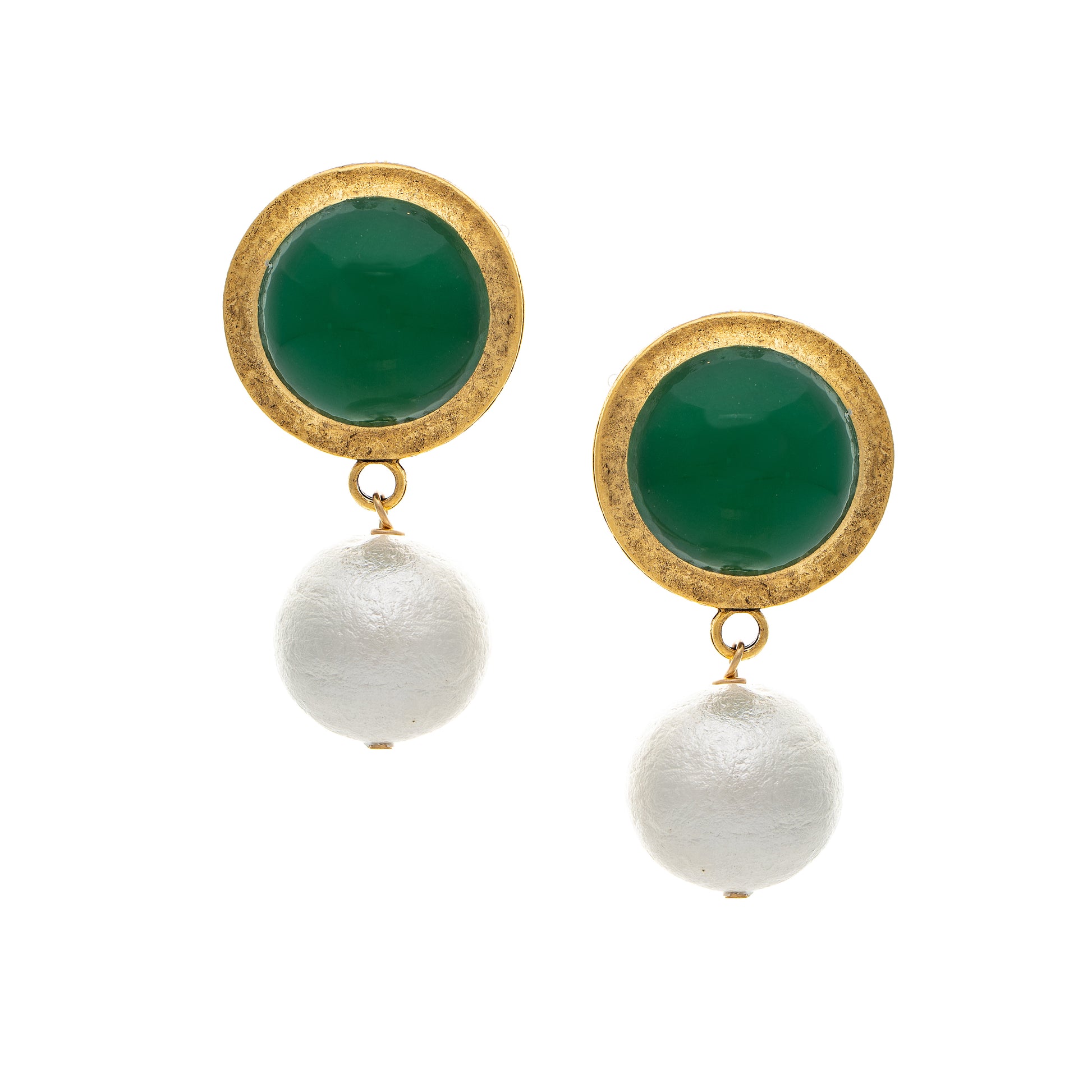 Pair of earrings with green circular tops and white spherical bottoms on a white background