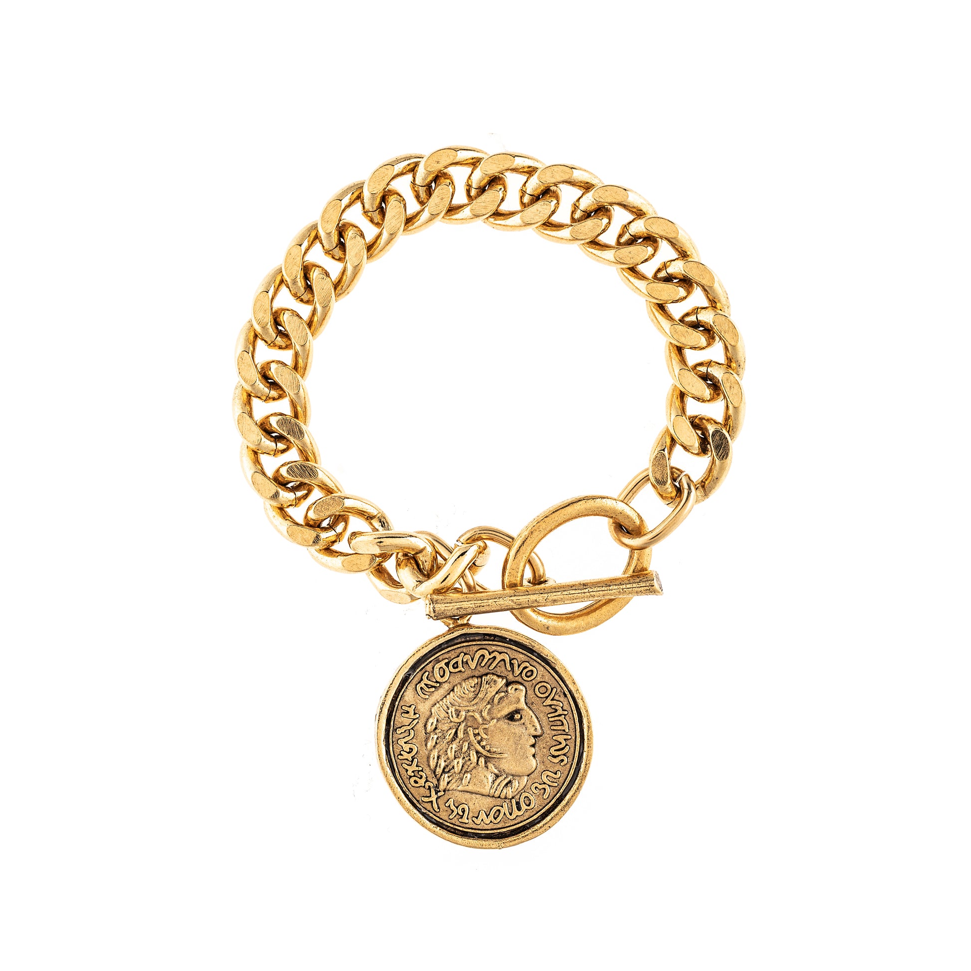 Gold chain bracelet with a coin charm on a white background
