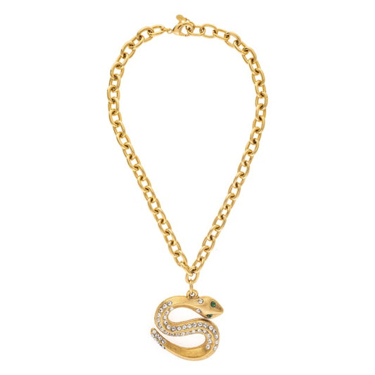 Gold chain necklace with a snake pendant on a white background