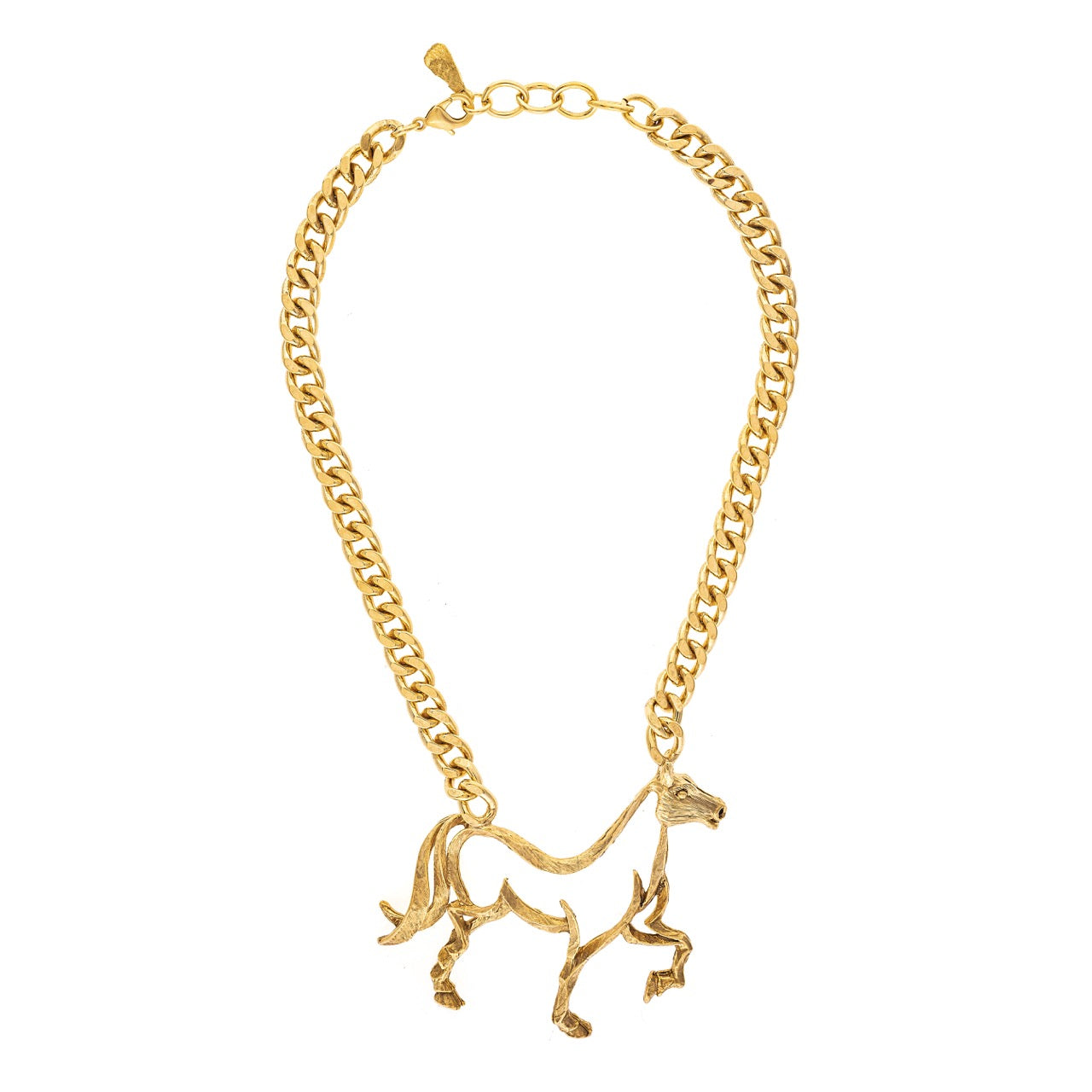 Gold chain necklace with a horse pendant on a white background