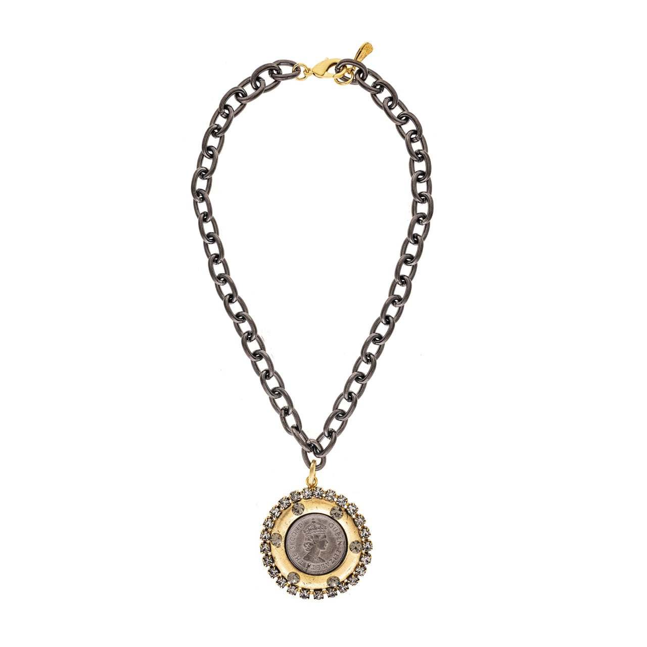 Necklace with a coin pendant on a white background