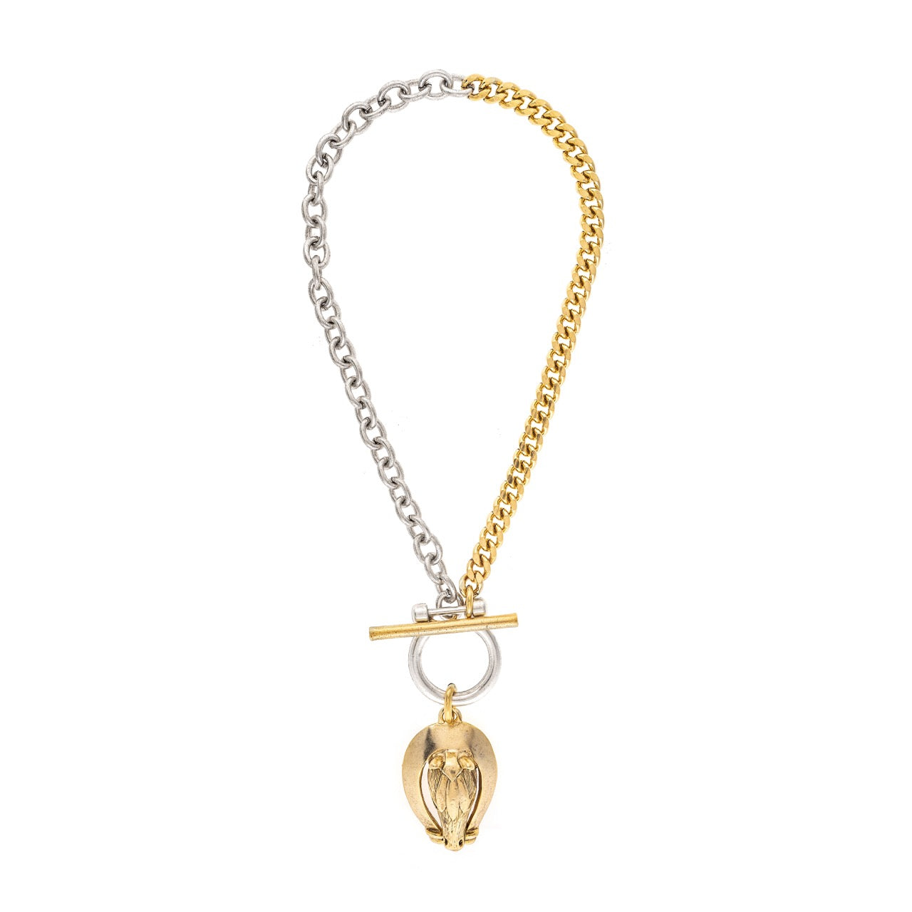 Two-tone necklace with a pendant on a white background