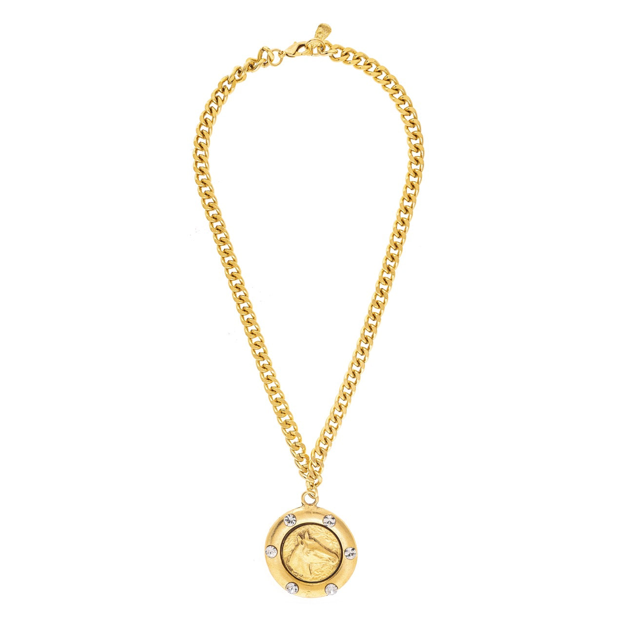 Gold necklace with a pendant on a white background