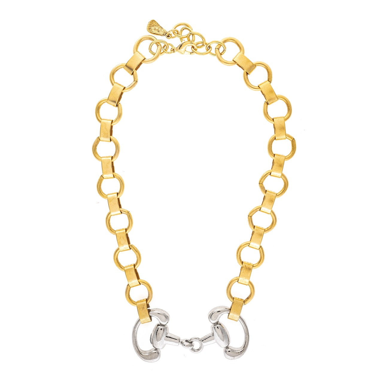 Gold chain necklace with a silver clasp on a white background