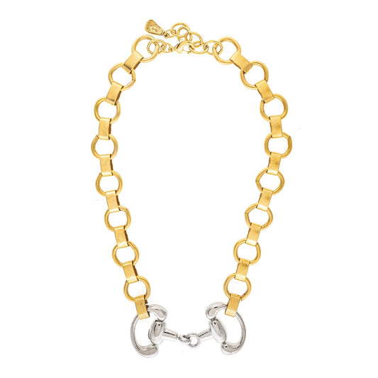 Gold chain necklace with a silver clasp on a white background