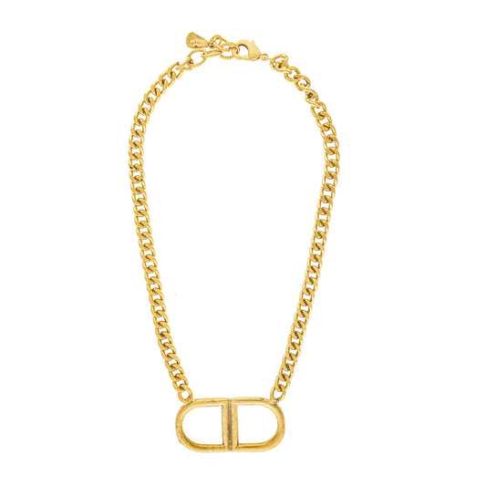 Gold chain necklace with a D-shaped clasp on a white background
