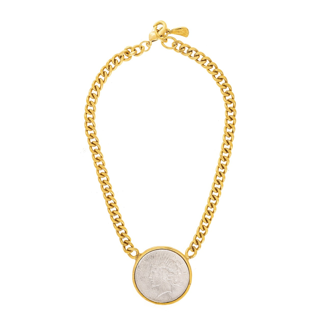 Gold chain bracelet with a coin charm on a white background
