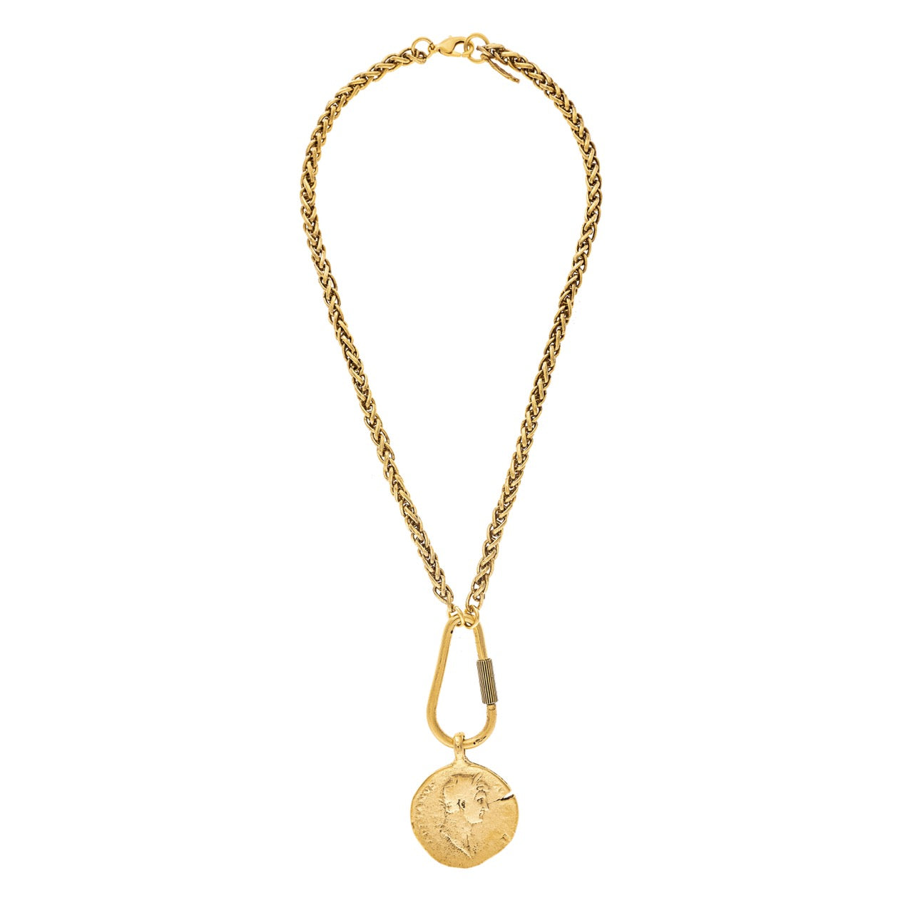 Gold chain necklace with a pendant on a white background