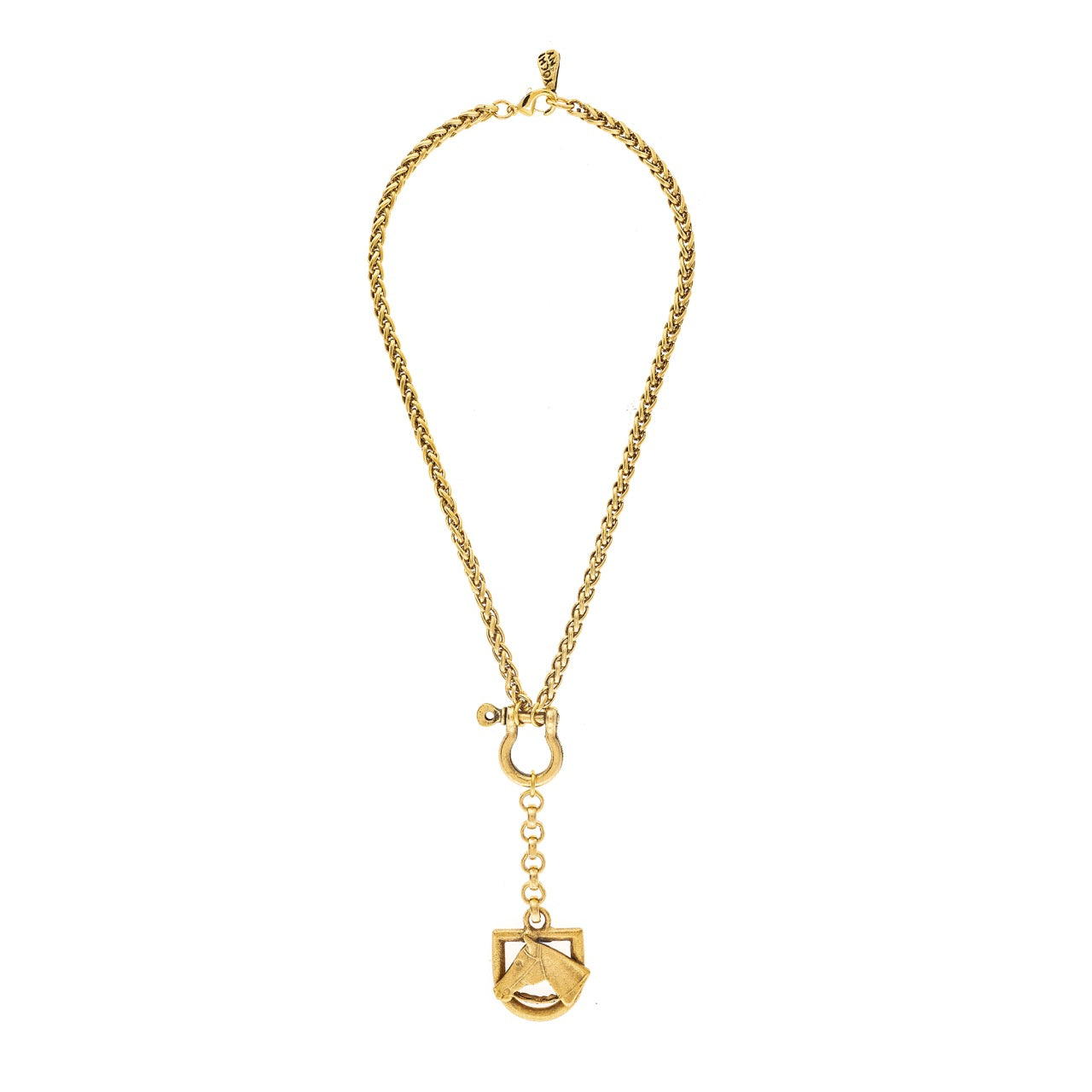 Gold necklace with a unique pendant on a white background