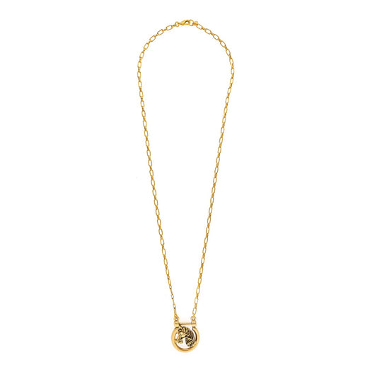 Gold necklace with a small pendant on a white background