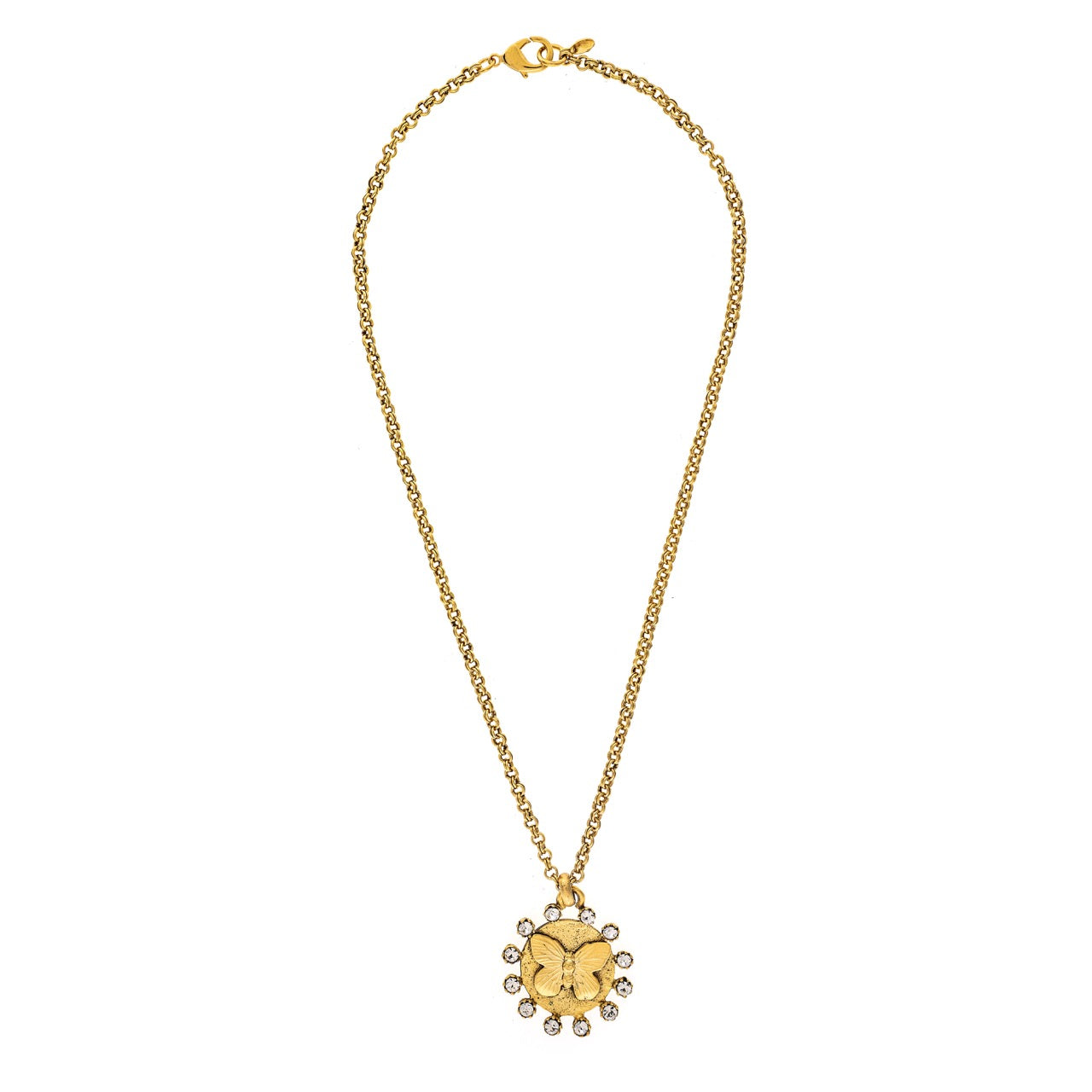 Gold necklace with a floral pendant on a white background