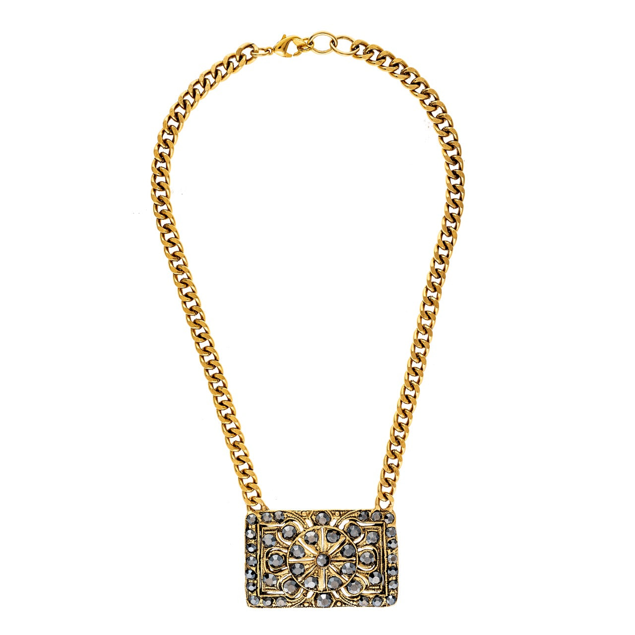 Gold chain necklace with a rectangular pendant on a white background