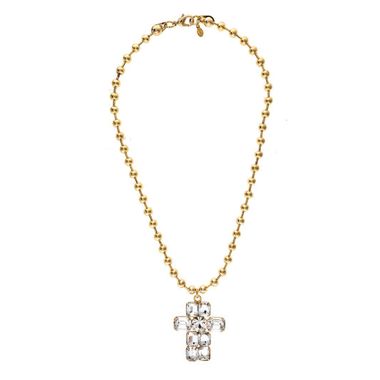 Gold necklace with a cross pendant on a white background