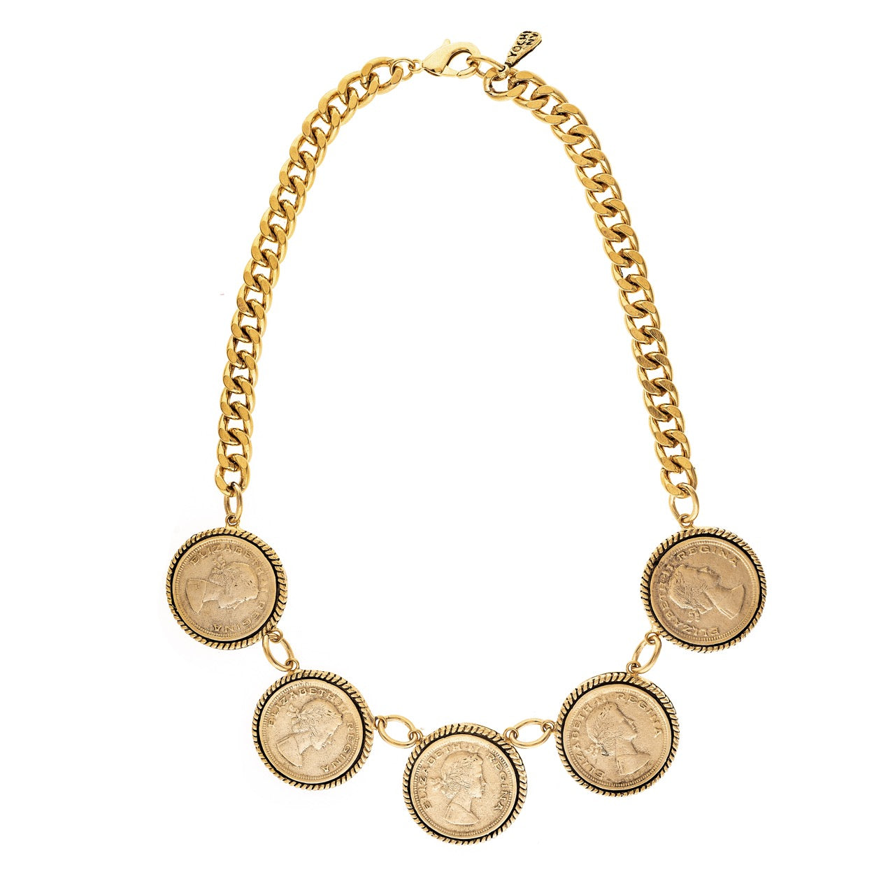 Gold chain necklace with coin pendants on a white background