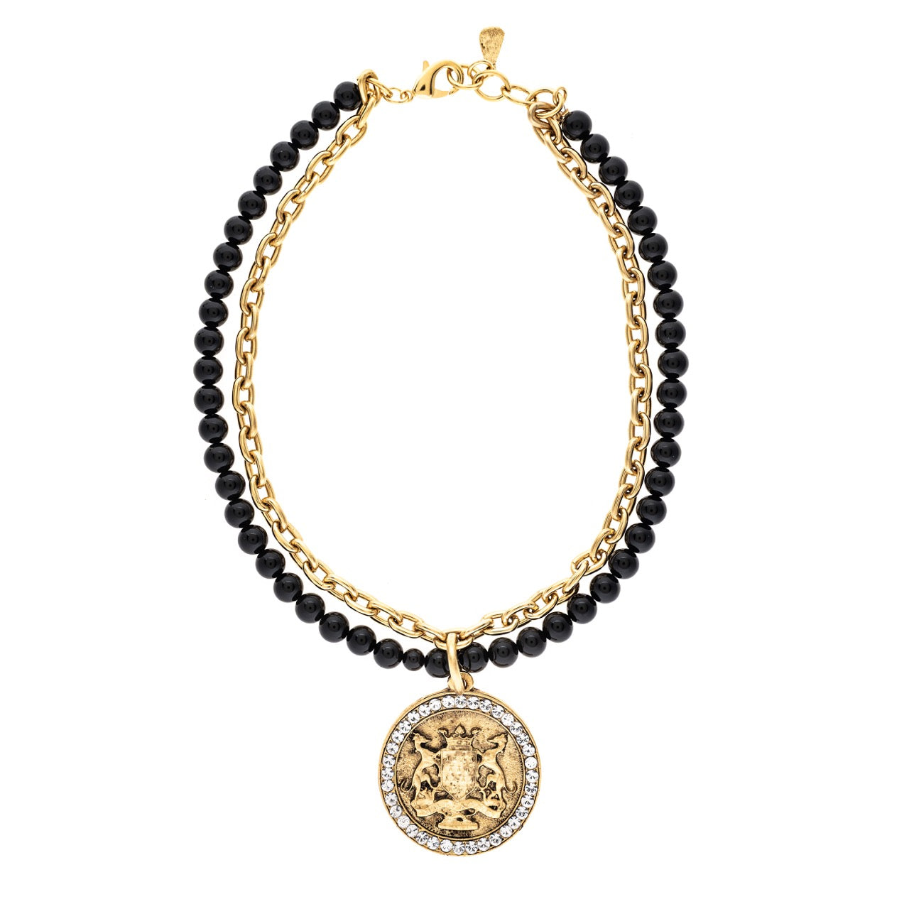 Necklace with black beads and gold chain featuring a round pendant on a white background