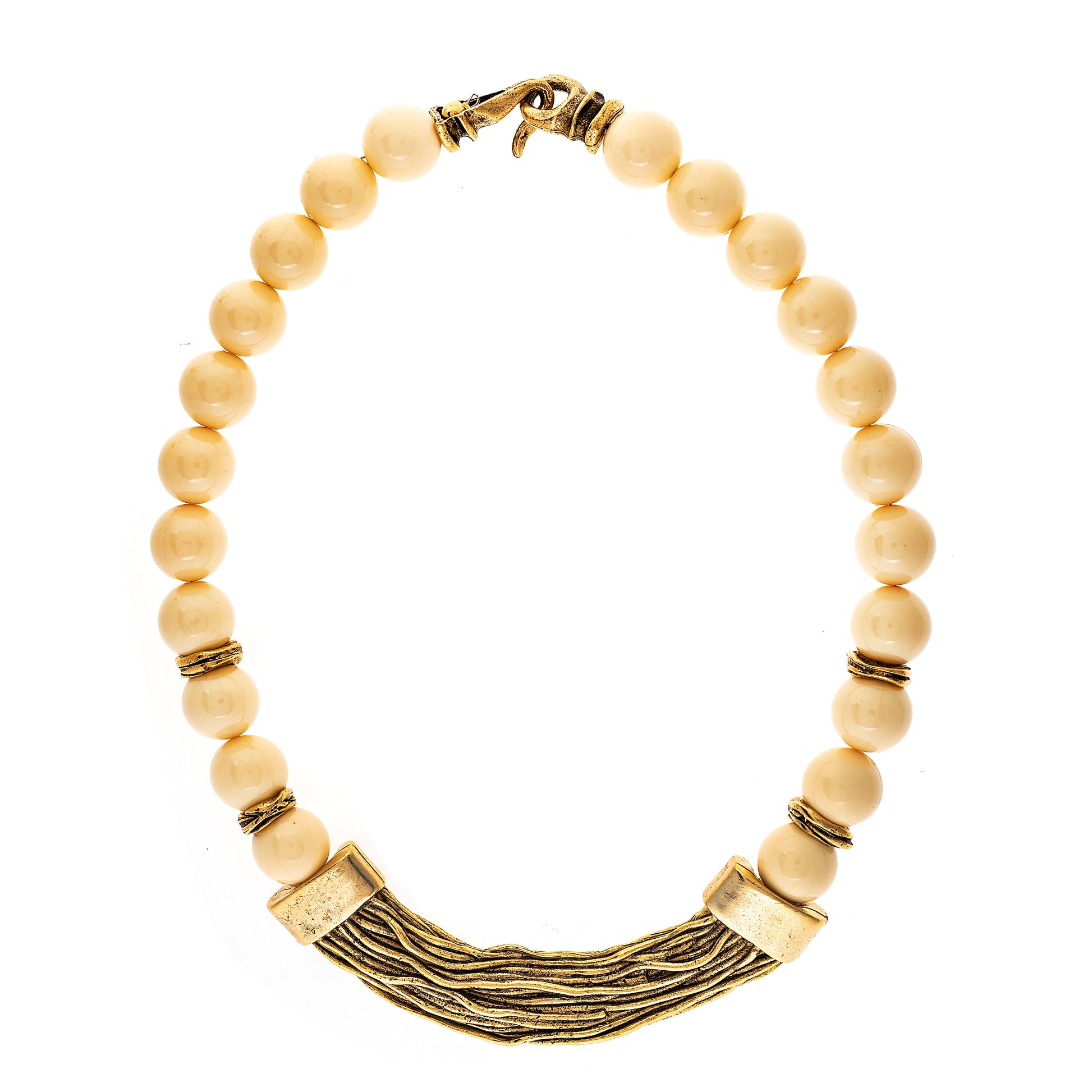 necklace with beige beads and gold accents on a white background