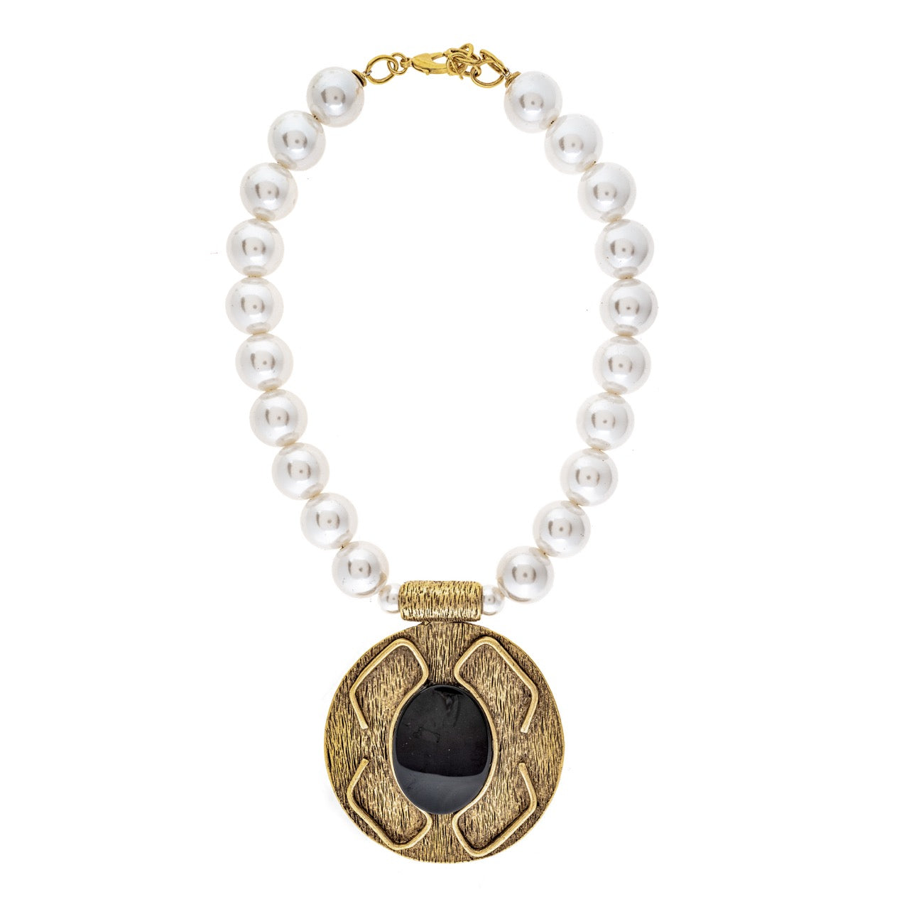 Pearl necklace with a gold and black pendant on a white background