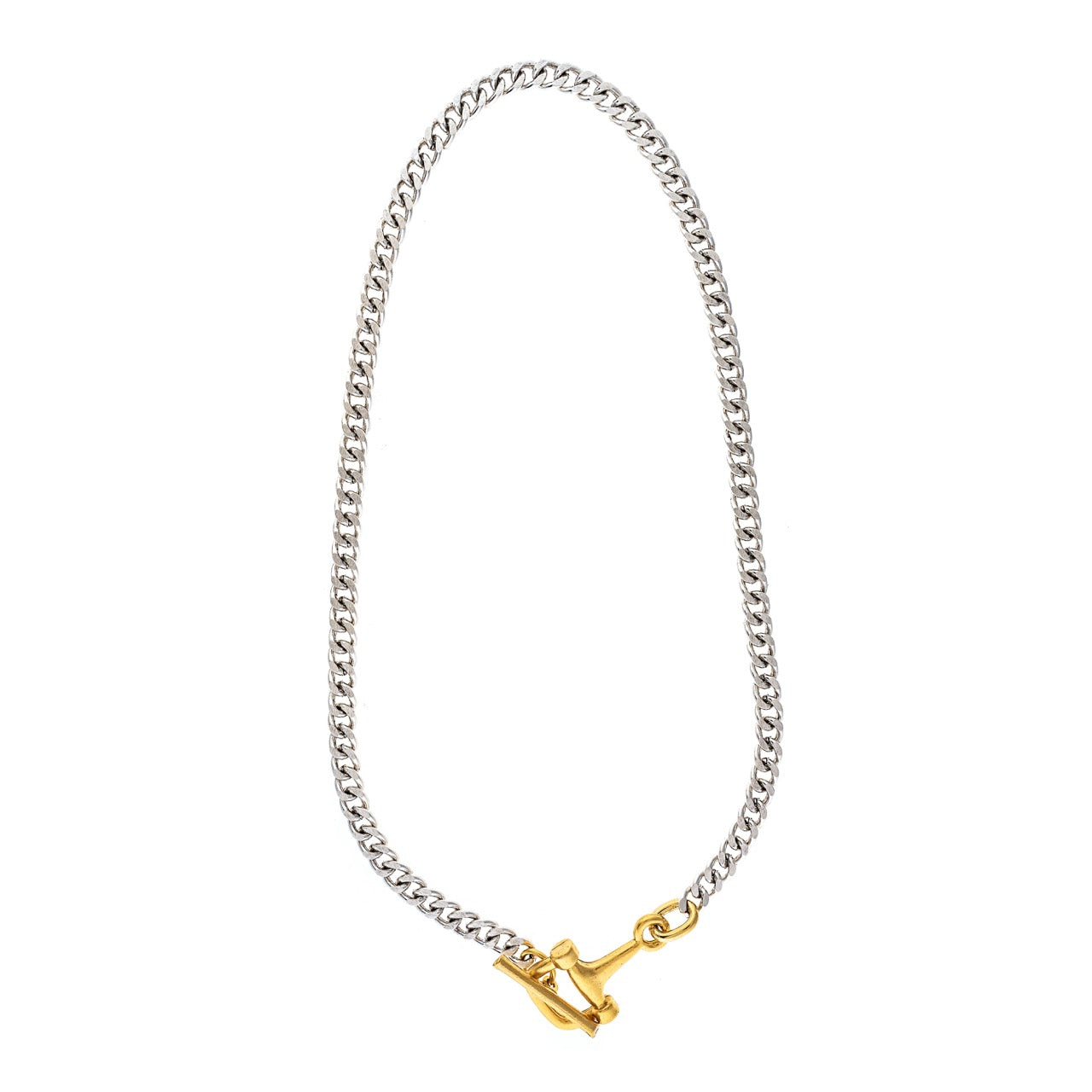 Silver chain necklace with a gold clasp on a white background