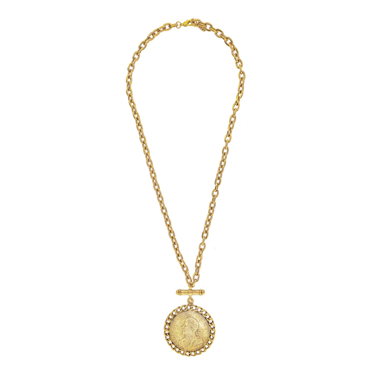 Gold necklace with a round pendant on a white background
