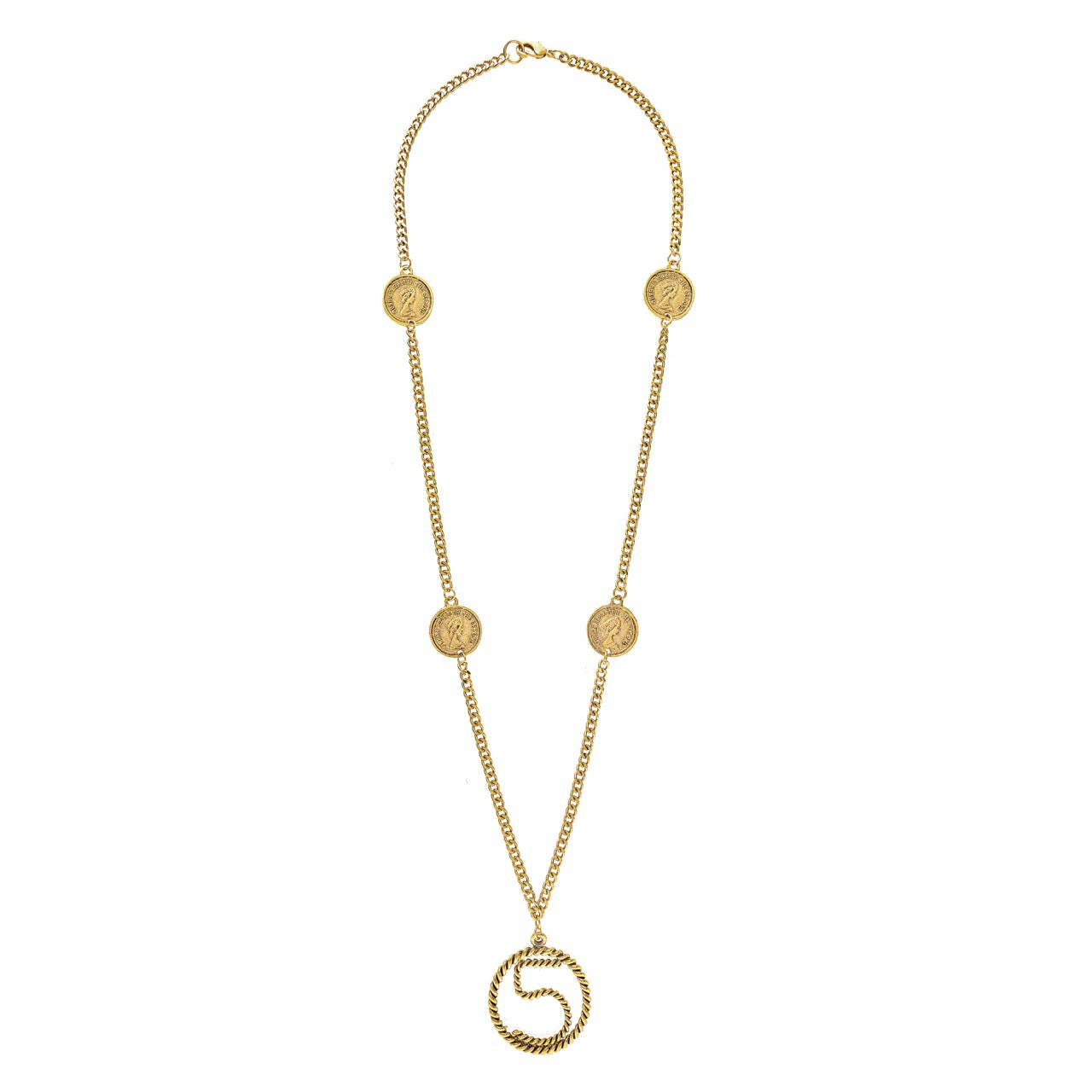 Gold necklace with circular pendants on a white background