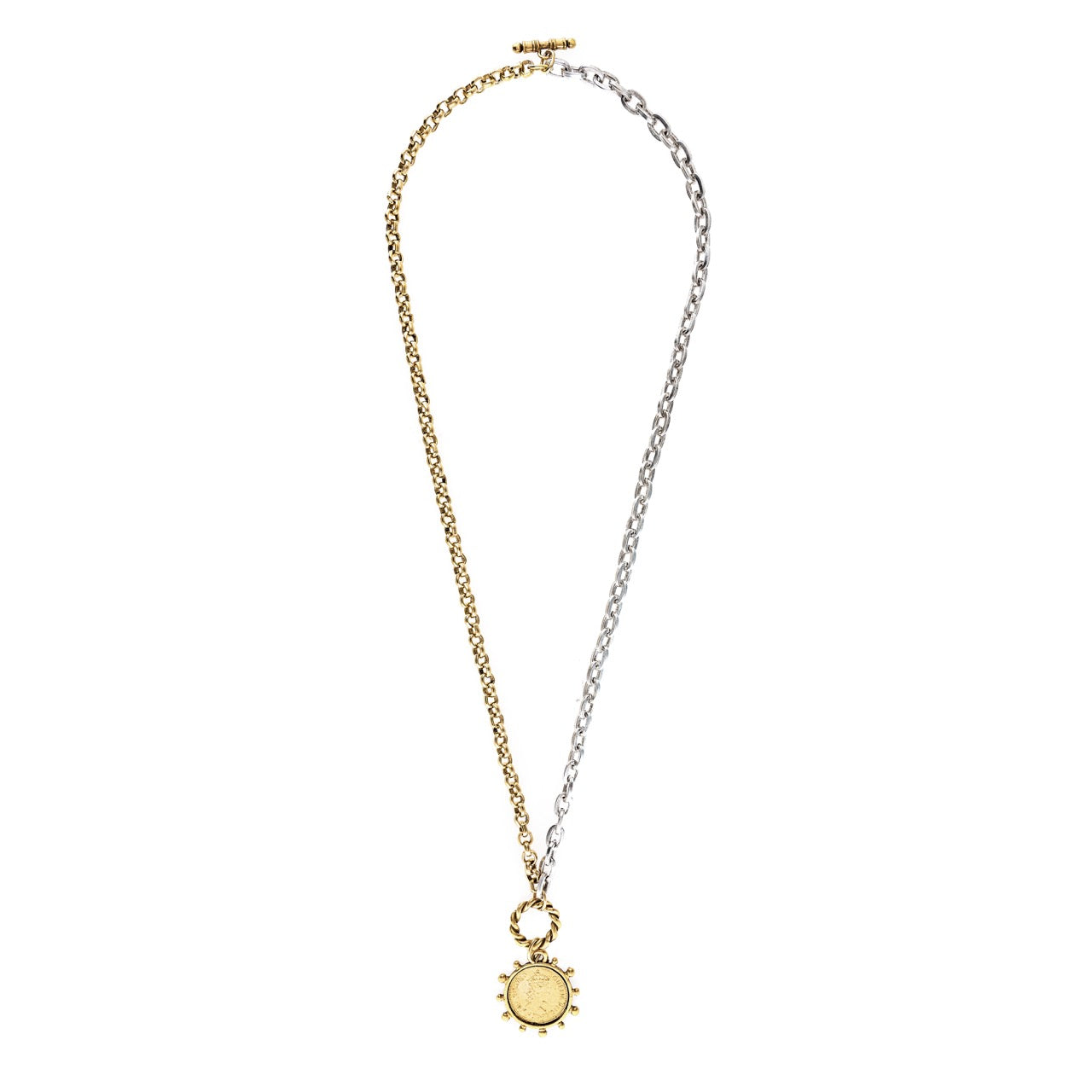 Two-tone gold and silver necklace with a sun pendant on a white background