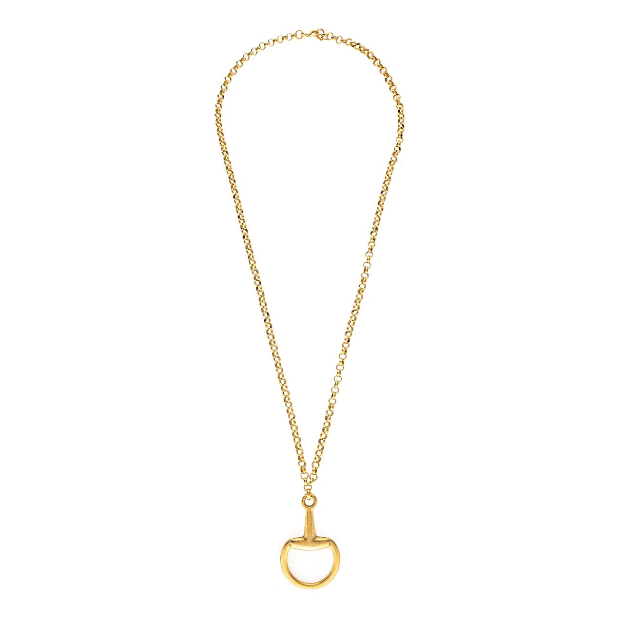 Gold necklace with a unique pendant on a white background