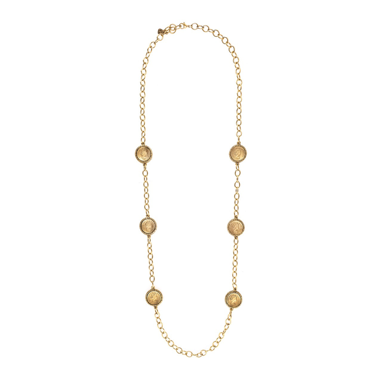 Gold necklace with circular pendants on a white background