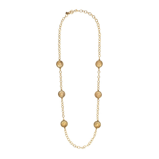 Gold necklace with circular pendants on a white background