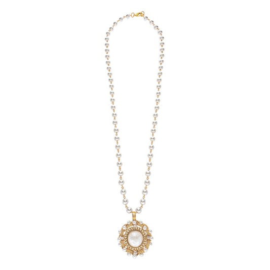 Gold necklace with a pendant on a white background