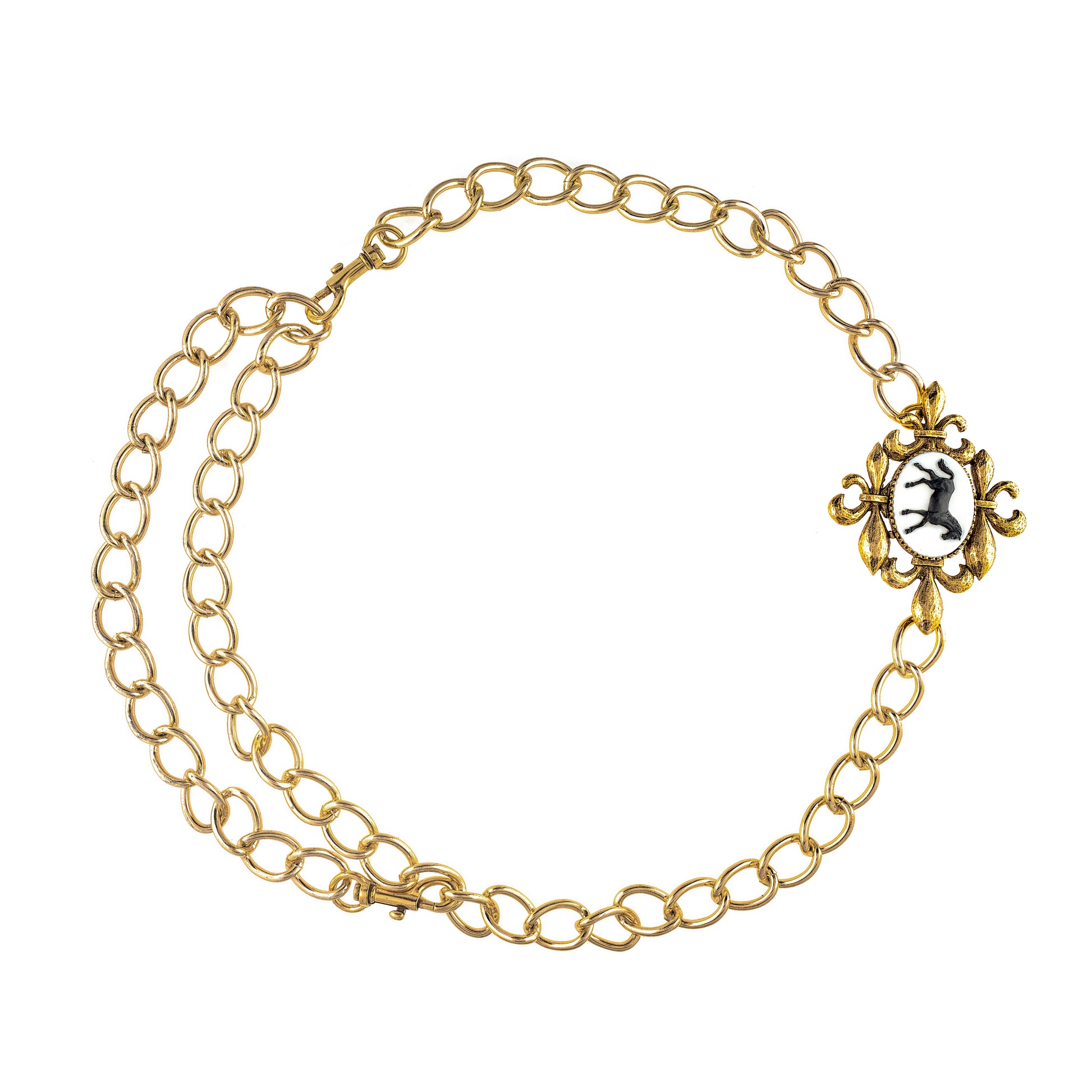 Gold chain Belt with a decorative clasp on a white background