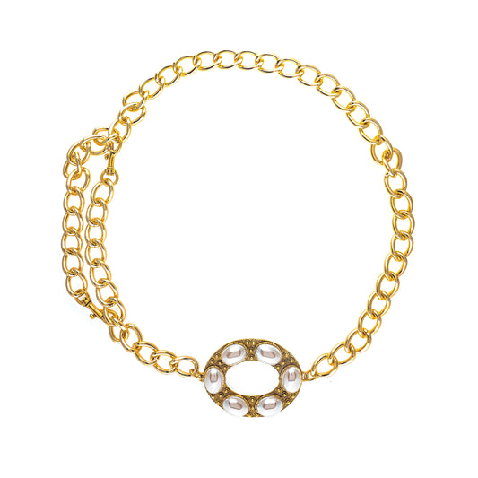 Gold chain Belt with a decorative clasp on a white background