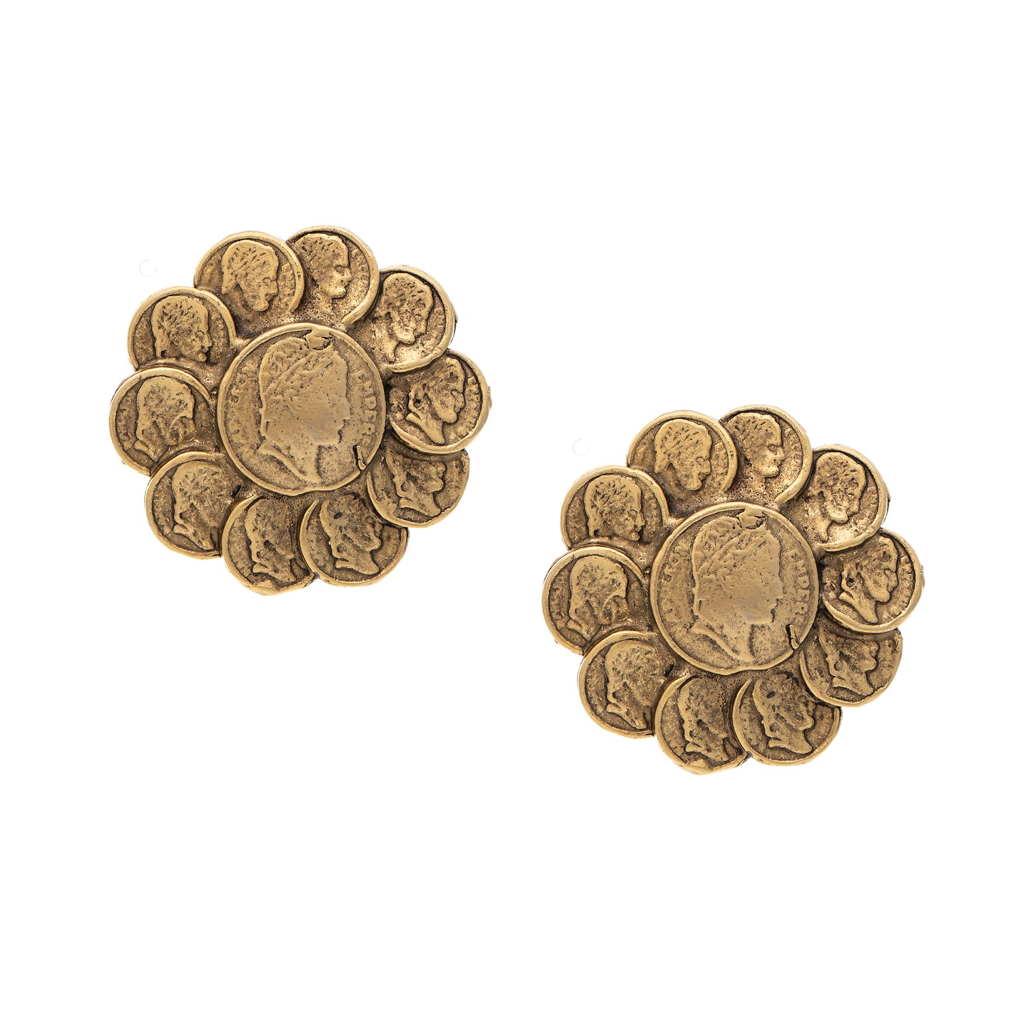 Pair of gold coin-shaped earrings on a white background