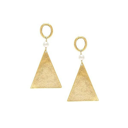A pair of gold-colored earrings with a geometric pyramid shape and a small pearl hoop post, displayed against a white background.
