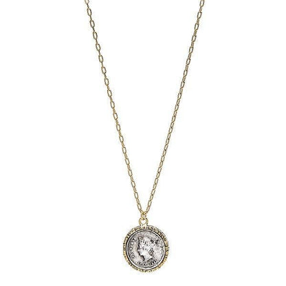 A vintage two-tone Roman inspired coin necklace with a gold plated brass chain and pendant.