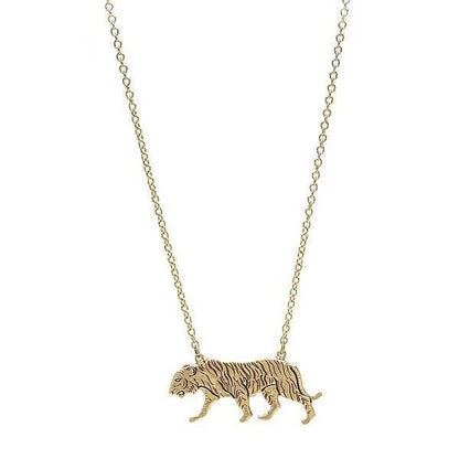 A gold-colored necklace featuring a stylized tiger pendant on a chain.