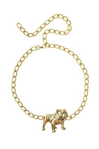A gold-colored belt with a chain pattern and a bulldog charm as the central focus.